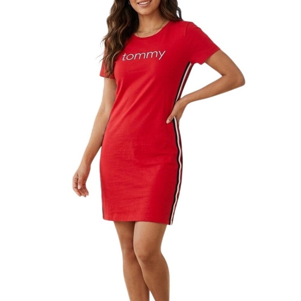 Tommy Hilfiger Red Logo T-Shirt Dress Racer Stripe Large